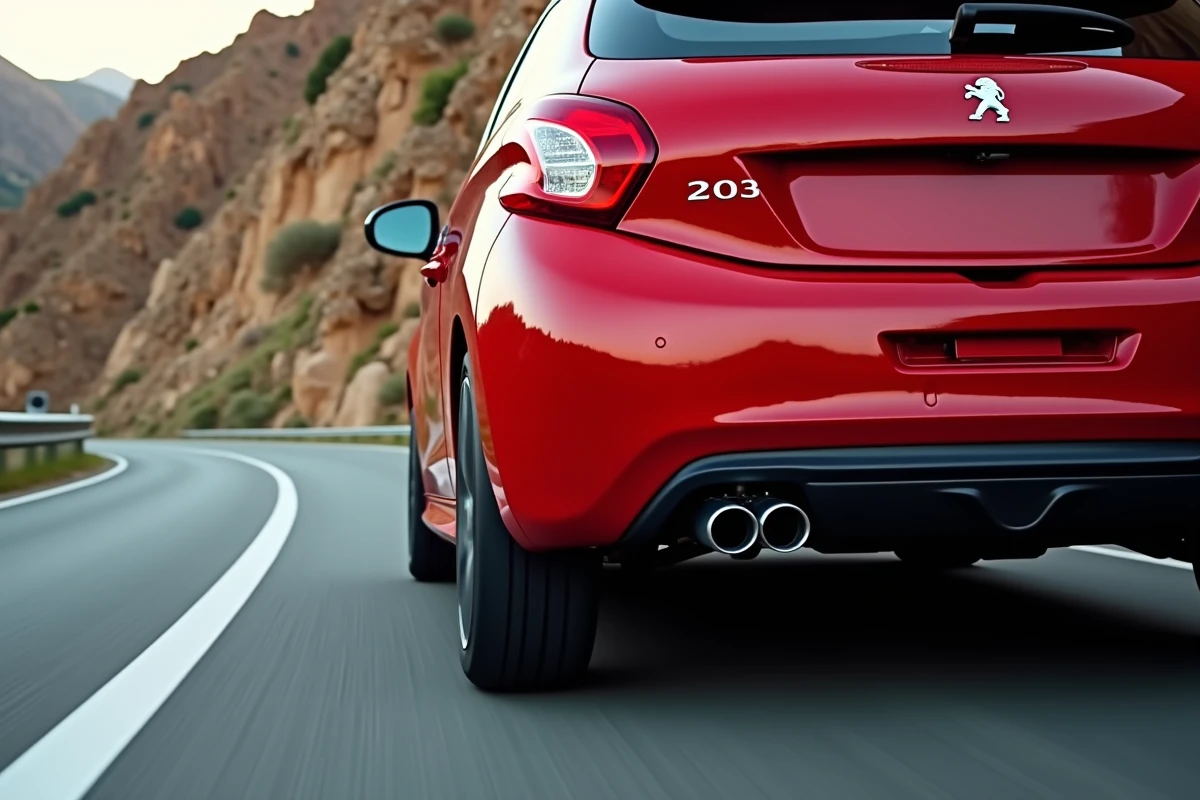 Échappement sport de la Peugeot 208 GTI en mouvement sur une route de montagne sinueuse