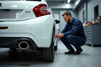 Mécanicien inspectant la ligne d'échappement sport d'une Peugeot 208 GTI dans un atelier automobile
