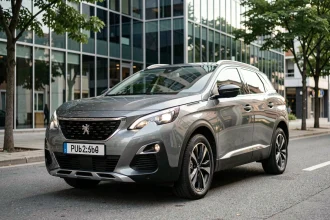 Peugeot 3008 garé en milieu urbain, angle trois-quarts avant, carrosserie métallique et design moderne mis en valeur