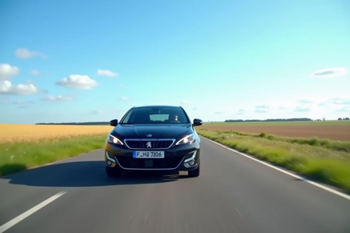 Peugeot 308 GT Line en conduite sur une route de campagne ensoleillee