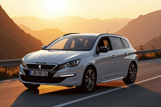 Peugeot 308 GT Line sur une route panoramique au coucher du soleil