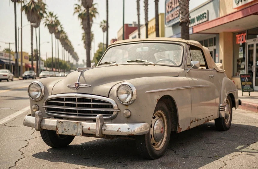 Peugeot 403 cabriolet vintage beige garée dans une rue de Los Angeles années 60, voiture de Columbo