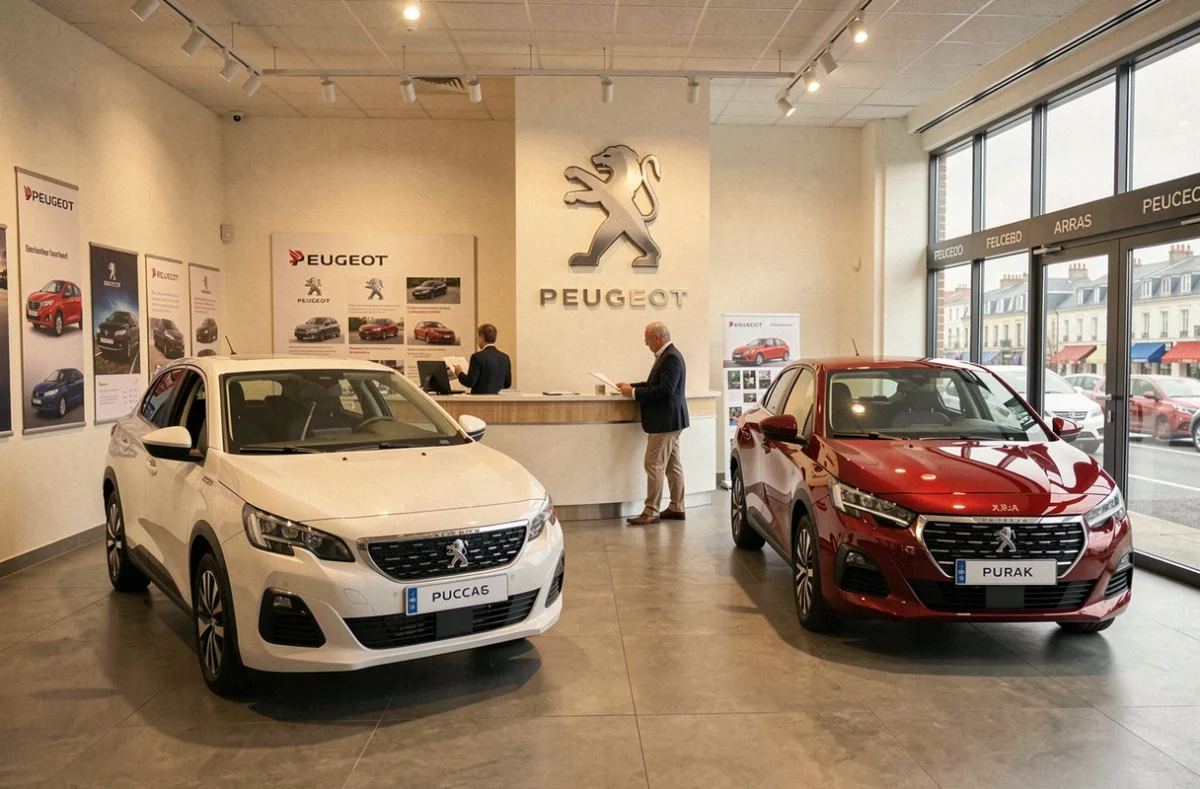 Showroom intérieur du concessionnaire Peugeot d'Arras avec deux modèles exposés et un vendeur au bureau d'accueil