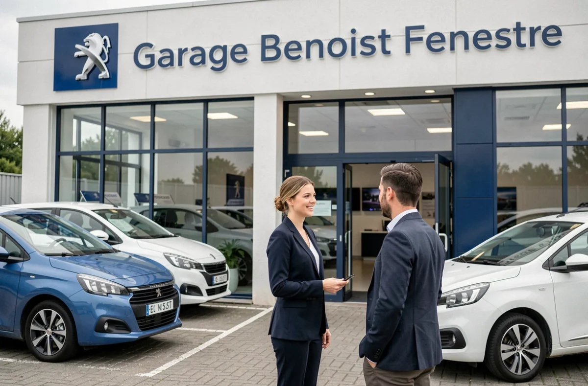 Concession Peugeot Garage Benoist Fenestre avec conseillère accueillant un client devant les modèles exposés
