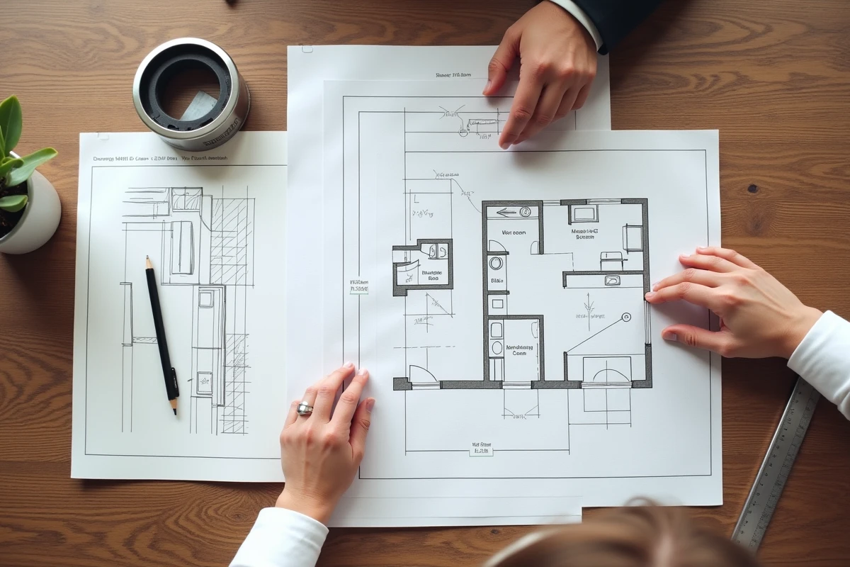 Plan de pièce annoté avec dimensions et fiche technique d'un meuble Dimension 3008 sur une table en noyer