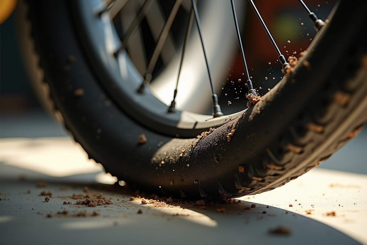 Pneu de vélo sur-gonflé avec fuite visible et déformation