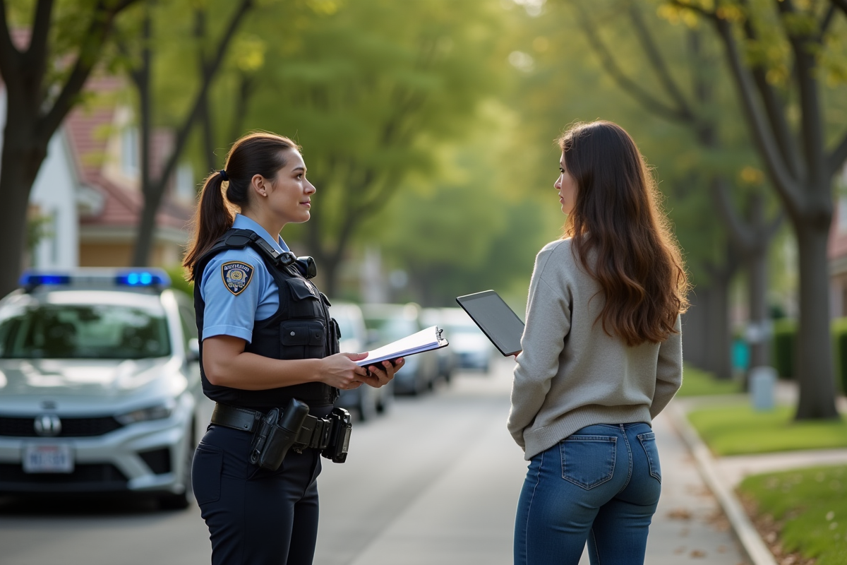 Officier de police parlant à une jeune femme dans un quartier résidentiel