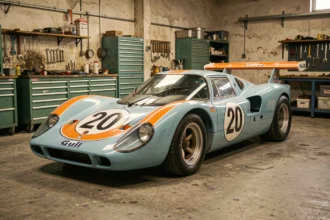 Porsche 917 Gulf Oil dans un garage de course vintage, vue grand angle en trois quarts avant mettant en valeur la carrosserie iconique bleu et orange