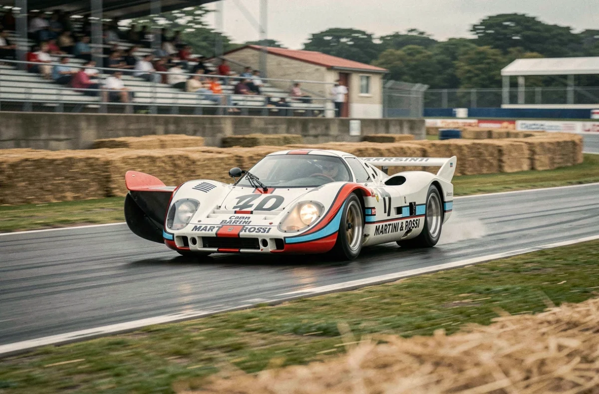 Porsche 917 Martini en pleine course sur le circuit de la Sarthe, effet de filé dynamique capturant la vitesse et l'élégance de la voiture de course légendaire