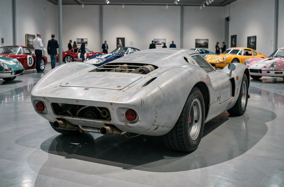 Vue arrière d'une Porsche 917 restaurée exposée dans un musée automobile, détails du moteur à plat 12 cylindres et de la carrosserie en fibre de verre patinée