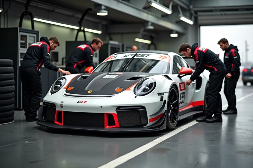 Mécaniciens inspectant une Porsche GT3 Cup dans un garage de course en préparation pour une épreuve d'endurance