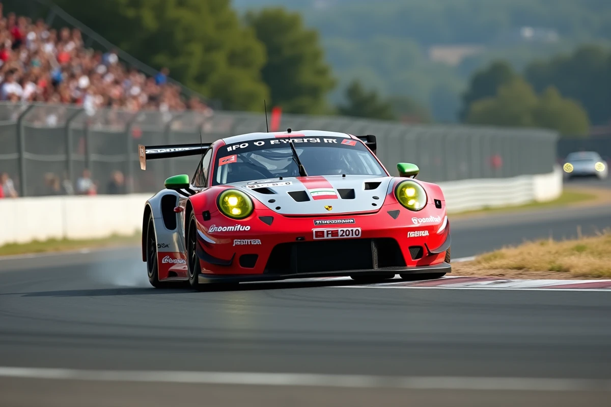 Porsche GT3 Cup en pleine action dans un virage lors d'une course d'endurance sur circuit professionnel