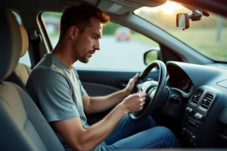 Homme consultant le précode radio sur l'étiquette intérieure d'une Renault Clio 3