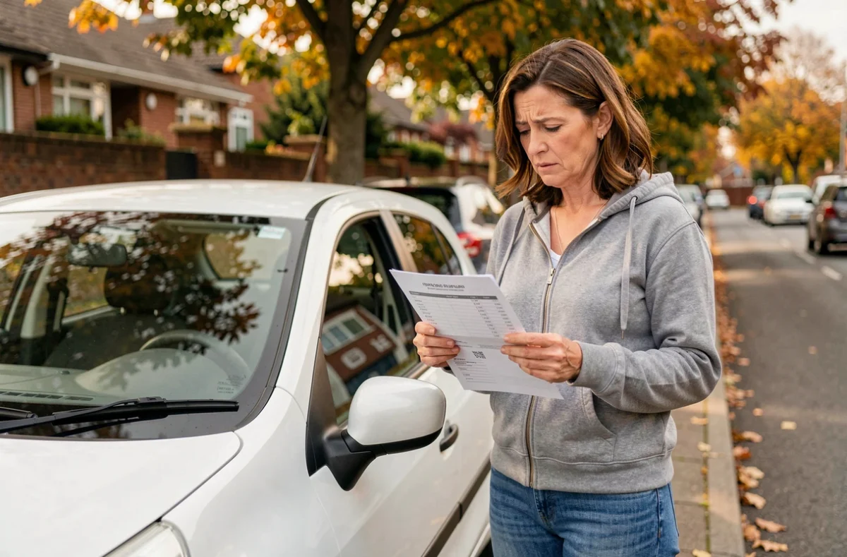 Femme propriétaire d'une Renault Clio 2 consultant une facture de réparation après le diagnostic d'un voyant allumé