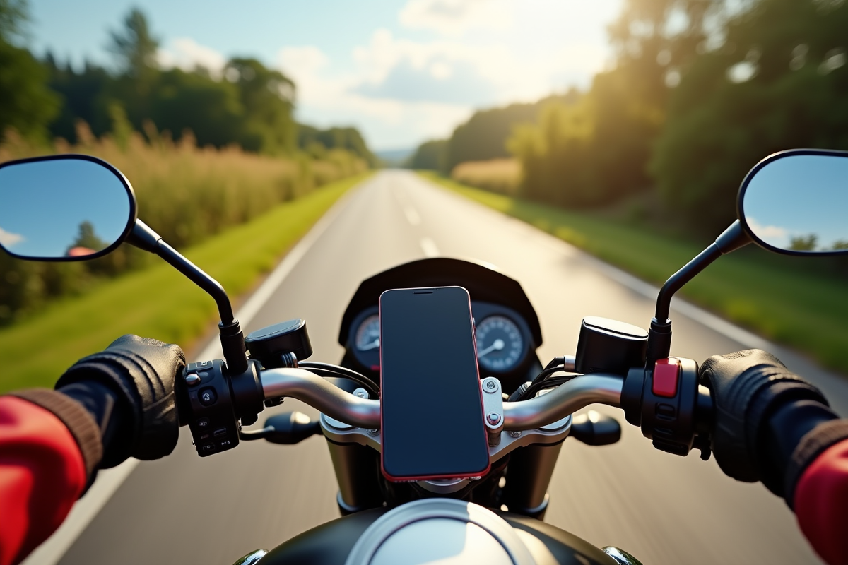 Rider en moto sur route de campagne avec smartphone