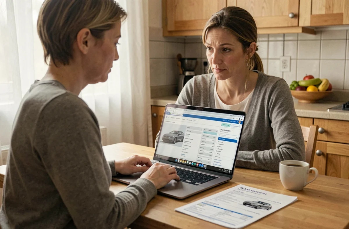 Femme comparant des annonces de voitures familiales d'occasion sur CapCar depuis son domicile