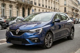 Vue trois quarts avant d'une Renault Megane bleue garée en ville, illustrant ses dimensions extérieures et sa silhouette compacte
