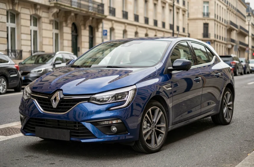 Vue trois quarts avant d'une Renault Megane bleue garée en ville, illustrant ses dimensions extérieures et sa silhouette compacte