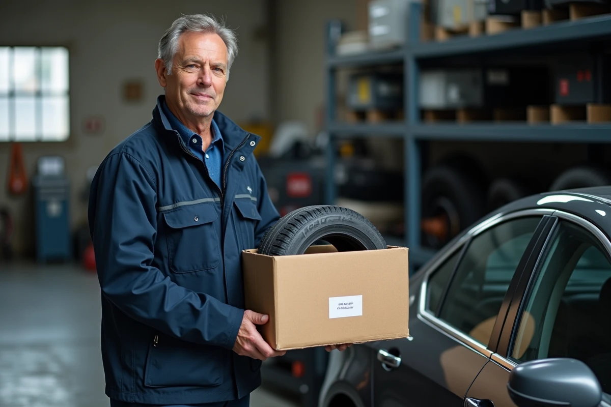 Homme tenant un colis de retour de pneu dans un garage automobile pour un remboursement Centrale Pneus