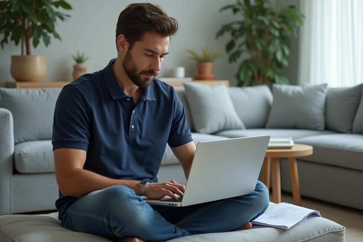 Homme révisant les questions de vérification du permis de conduire sur un PDF affiché sur ordinateur portable