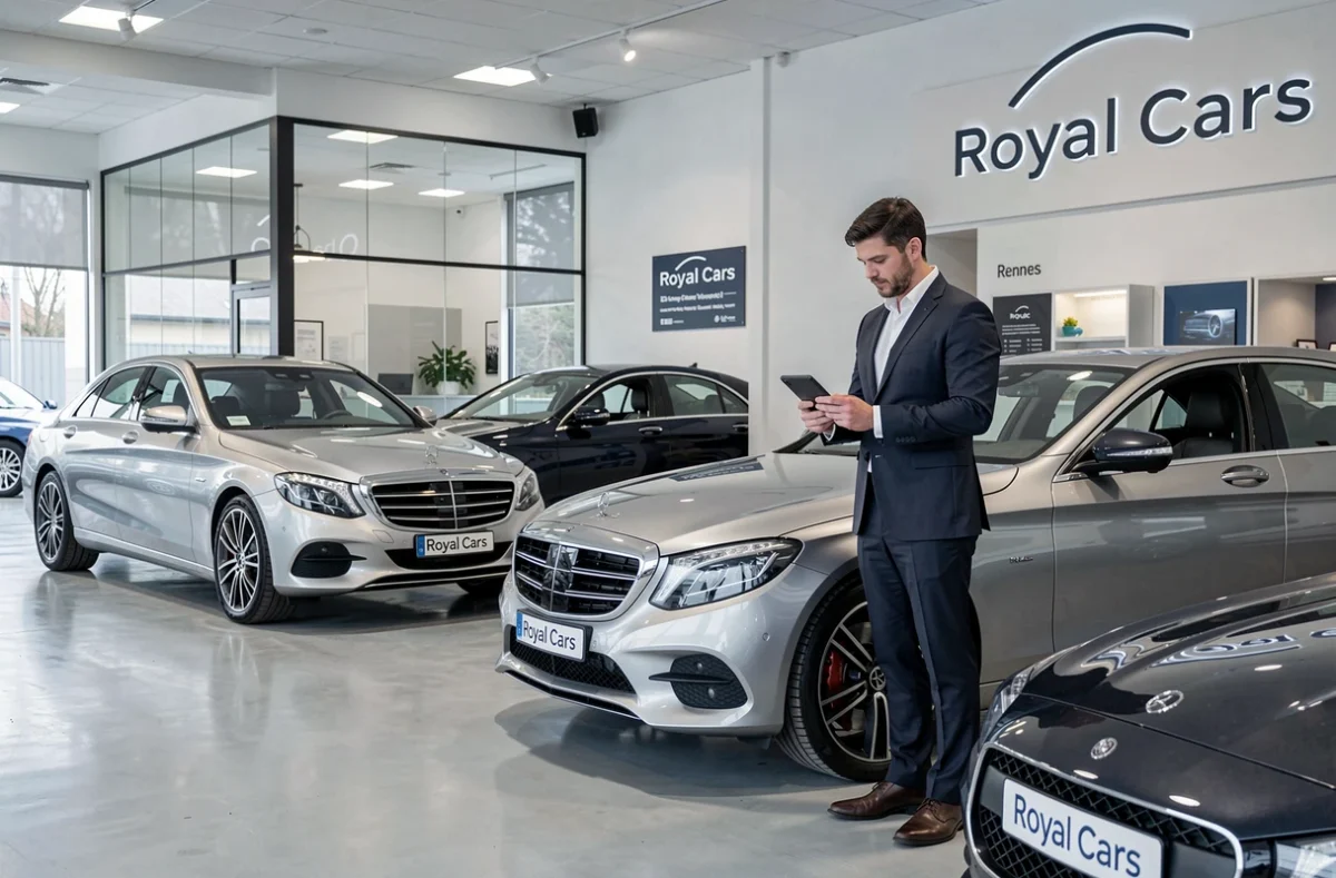 Showroom moderne de Royal Cars à Rennes avec des véhicules premium exposés sur sol époxy