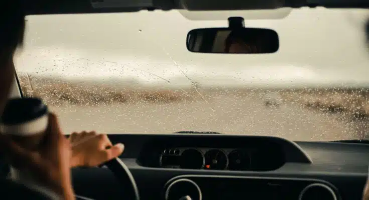 personne conduisant un camion un café à la main