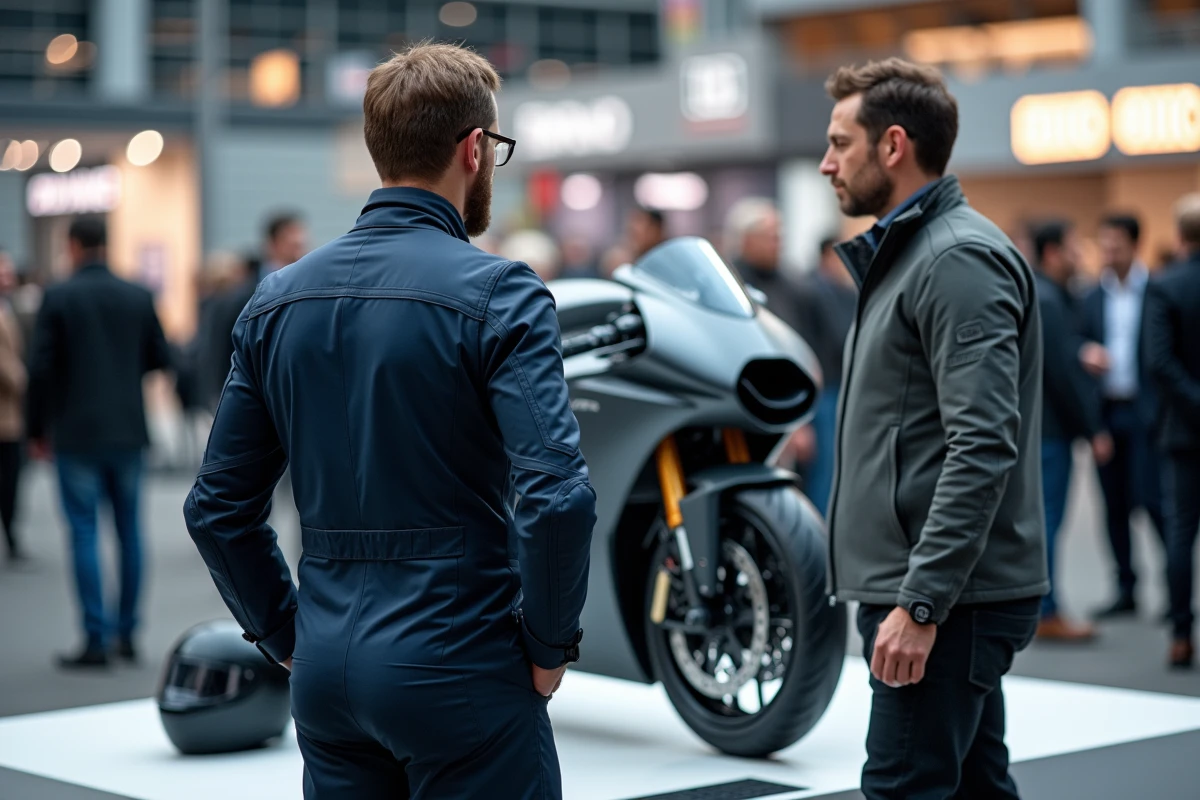 Deux motards examinant une moto futuriste lors d'un salon moto en extérieur, représentant l'engouement pour les nouvelles technologies de la Moto 3.0 en 2026
