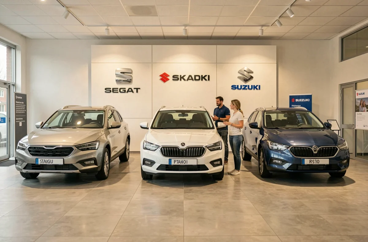 Showroom du concessionnaire LDA Seat-Skoda-Suzuki à Villeneuve-d'Ascq avec trois modèles de marques différentes exposés