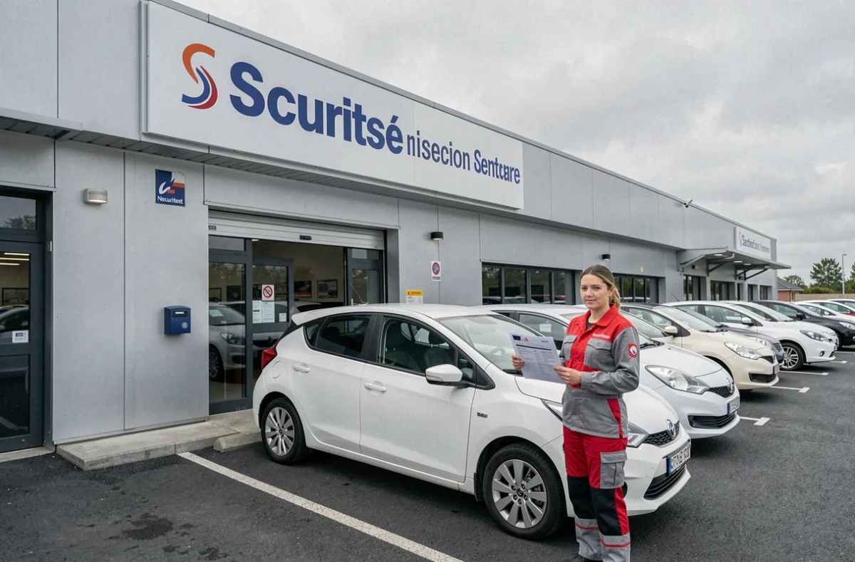 Centre Securitest à Brest avec technicienne en uniforme réseau national devant une voiture blanche en attente d'inspection