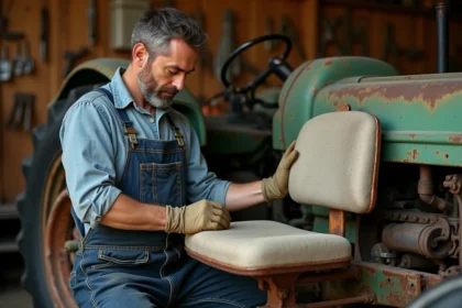 Mécanicien agricole comparant un ancien siège de tracteur rouillé avec un nouveau modèle de remplacement ergonomique dans un atelier rural