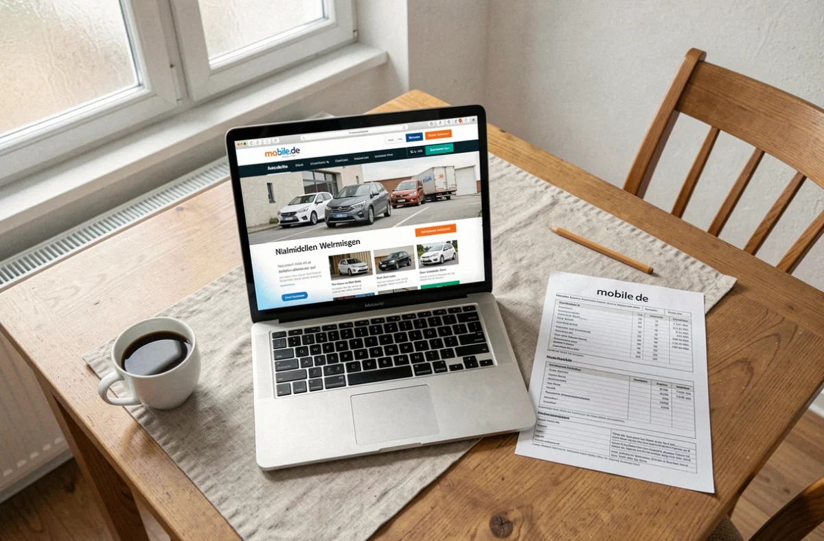 Ordinateur portable ouvert sur un site allemand de vente de voitures d'occasion posé sur une table en bois avec une tasse de café