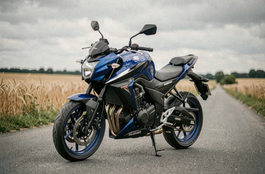 Suzuki GSX-S 125 garée sur une route de campagne française, vue 3/4 avant montrant le design naked sportif et la livrée bleue métallique
