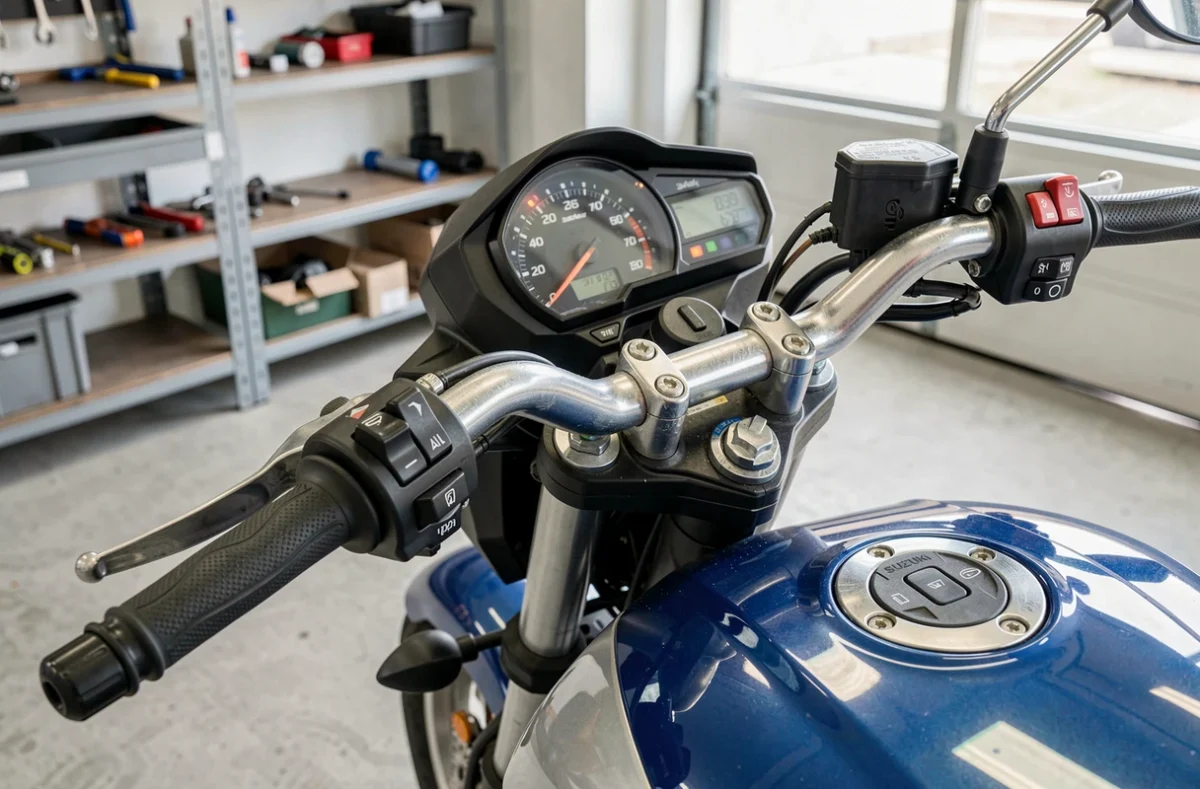 Gros plan sur le tableau de bord numérique et le guidon de la Suzuki GSX-S 125, affichant la vitesse dans un atelier mécanique