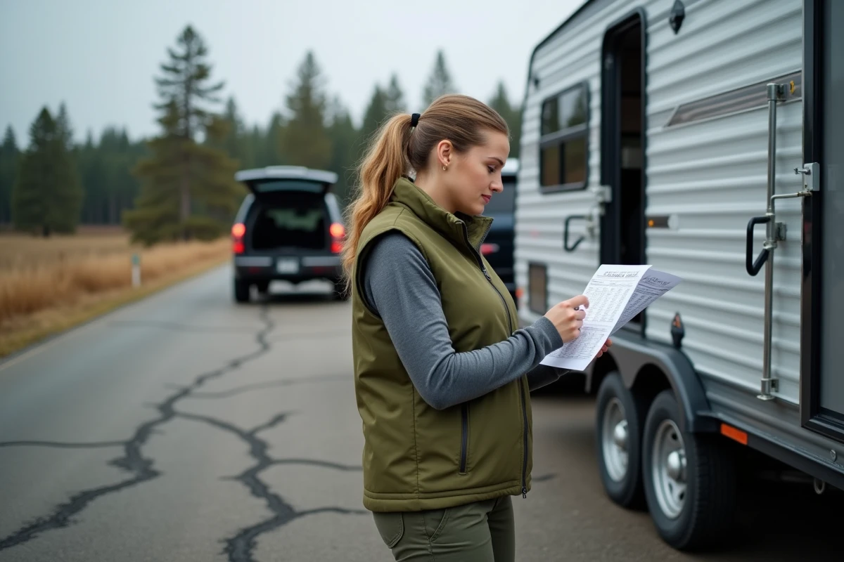 Femme consultant un tableau de pression de pneus recommandée selon le poids de la remorque de camping