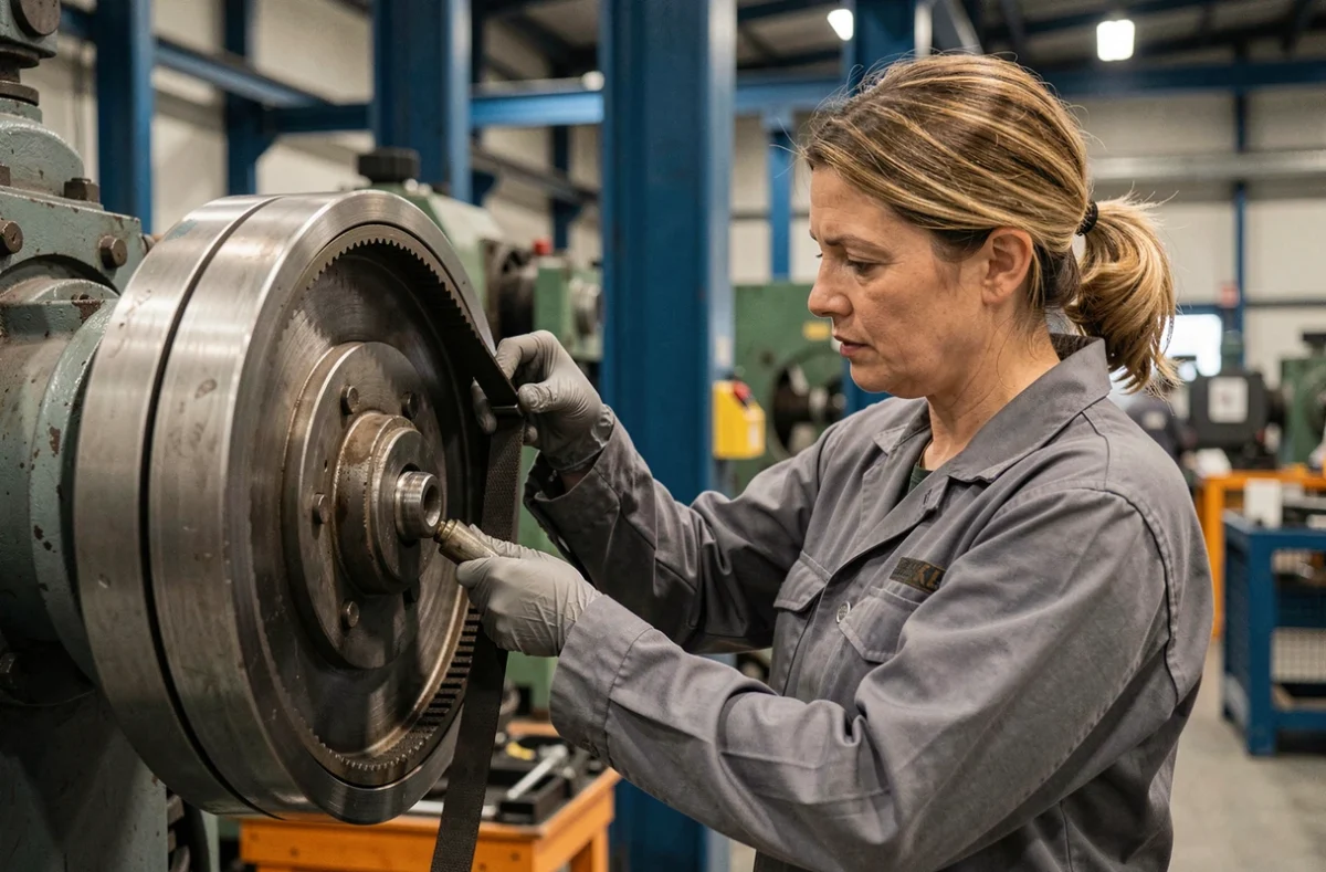 Technicienne installant une courroie d'entraînement sur un système de poulies en usine
