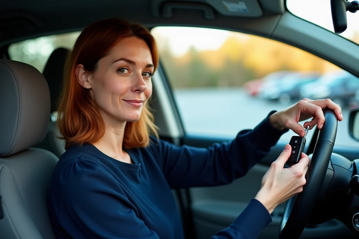 Femme testant la clé Renault Clio 4 après remplacement de la pile, assise dans l'habitacle de la voiture
