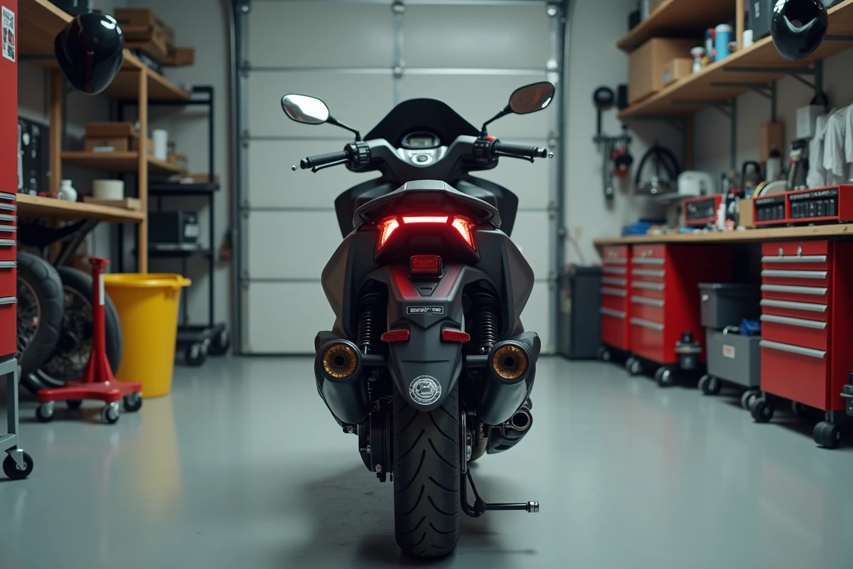 TMAX 750 très bien entretenu photographié dans un garage privé propre, vue arrière trois-quarts montrant les détails de la carrosserie et des échappements