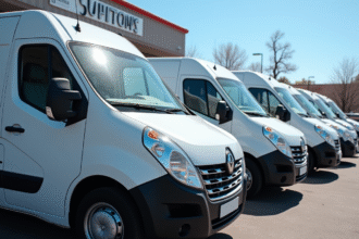Ligne de vans blancs d'occasion devant un concessionnaire urbain