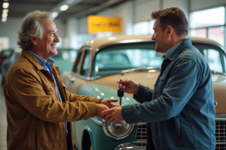 Propriétaire souriant remettant les clés d'une voiture vintage à un concessionnaire
