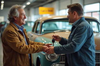 Propriétaire souriant remettant les clés d'une voiture vintage à un concessionnaire