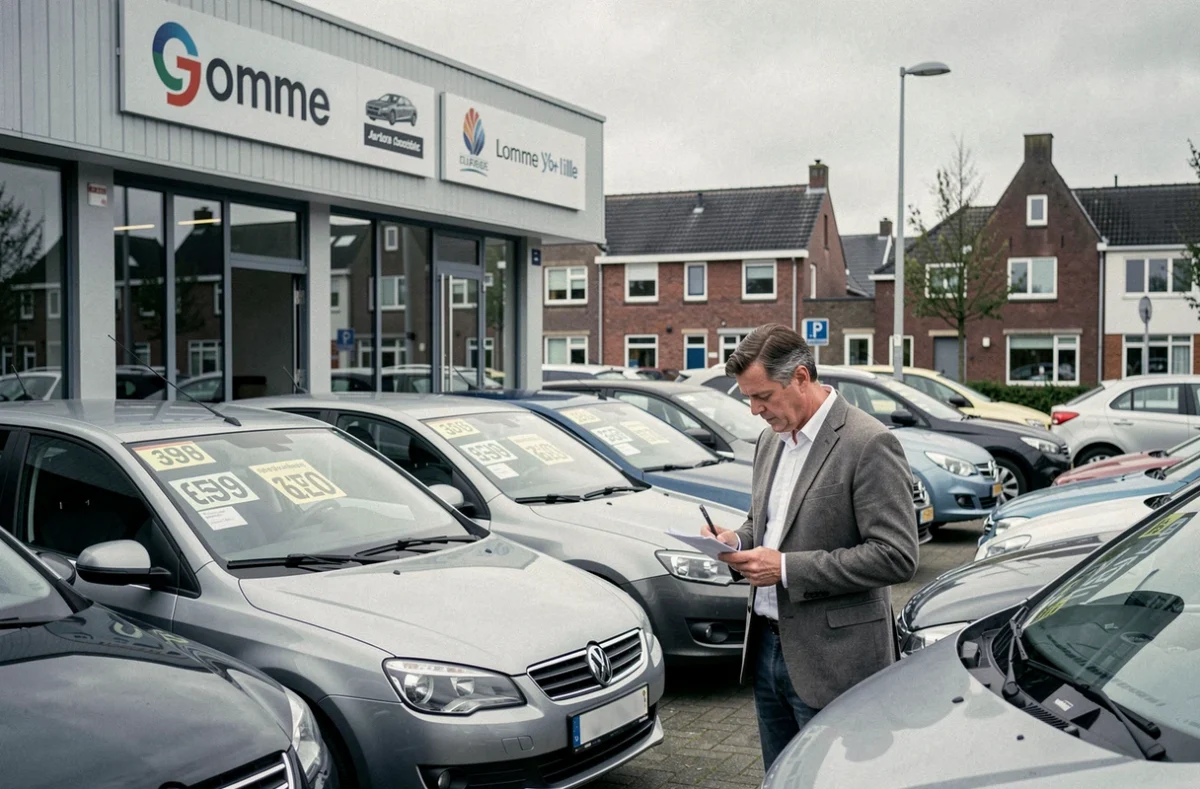Parvis du concessionnaire Verbaere Auto à Lomme avec des véhicules exposés et un vendeur consultant des documents