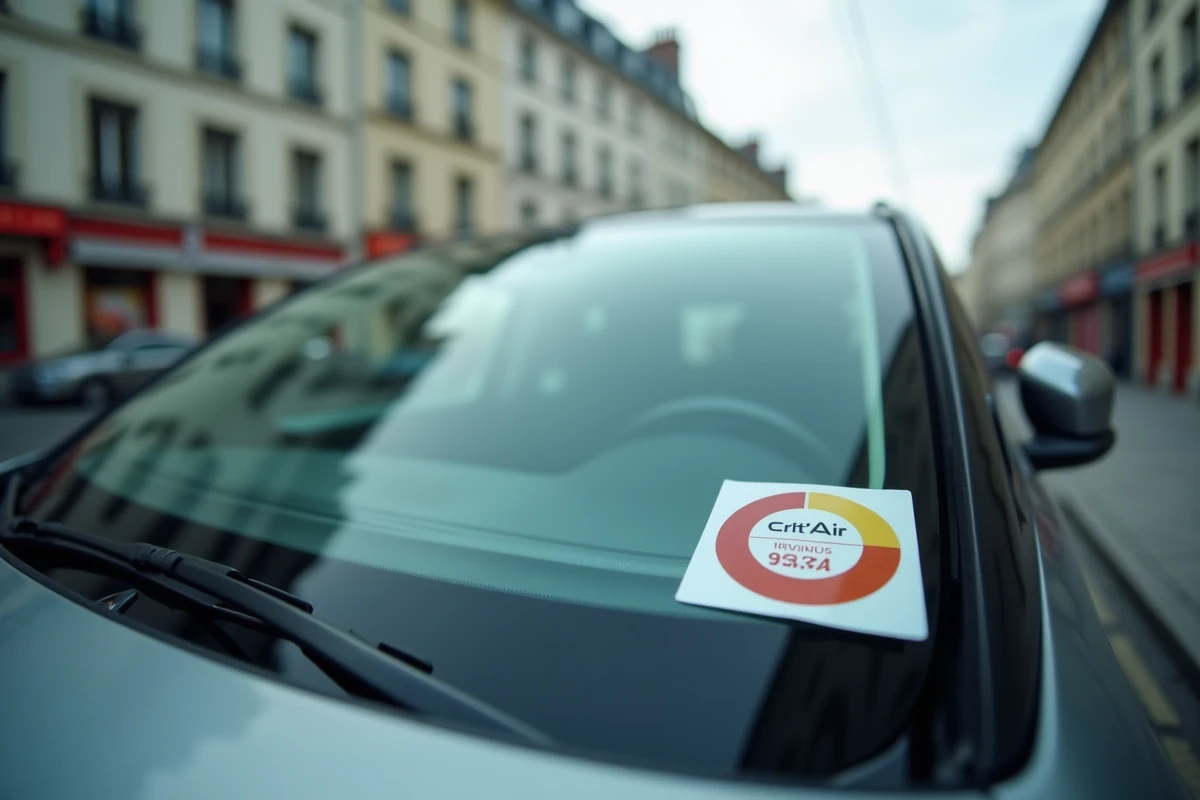 Gros plan sur une vignette Crit'Air colorée collée sur le pare-brise d'un véhicule hybride avec la ville de Rennes en arrière-plan flou