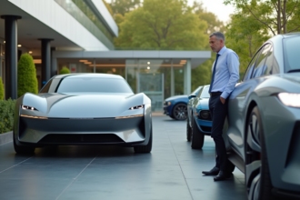 Homme confiant examine une voiture futuriste lors d'une exposition