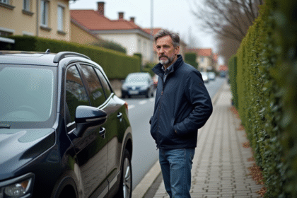 Homme inquiet vérifiant l'espace vide de sa voiture volée dans un quartier résidentiel