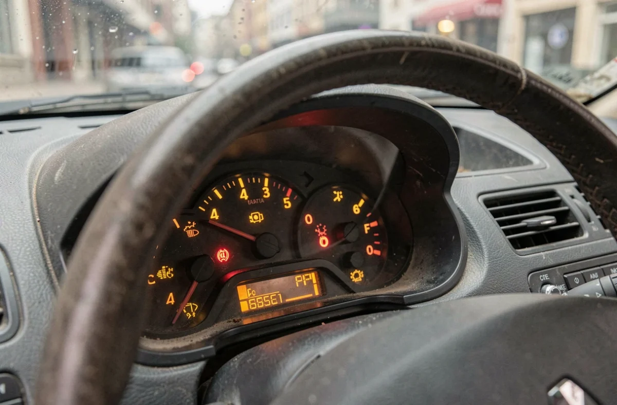 Voyants d'avertissement allumés sur le tableau de bord d'une Renault Clio 2, signalant une panne à diagnostiquer