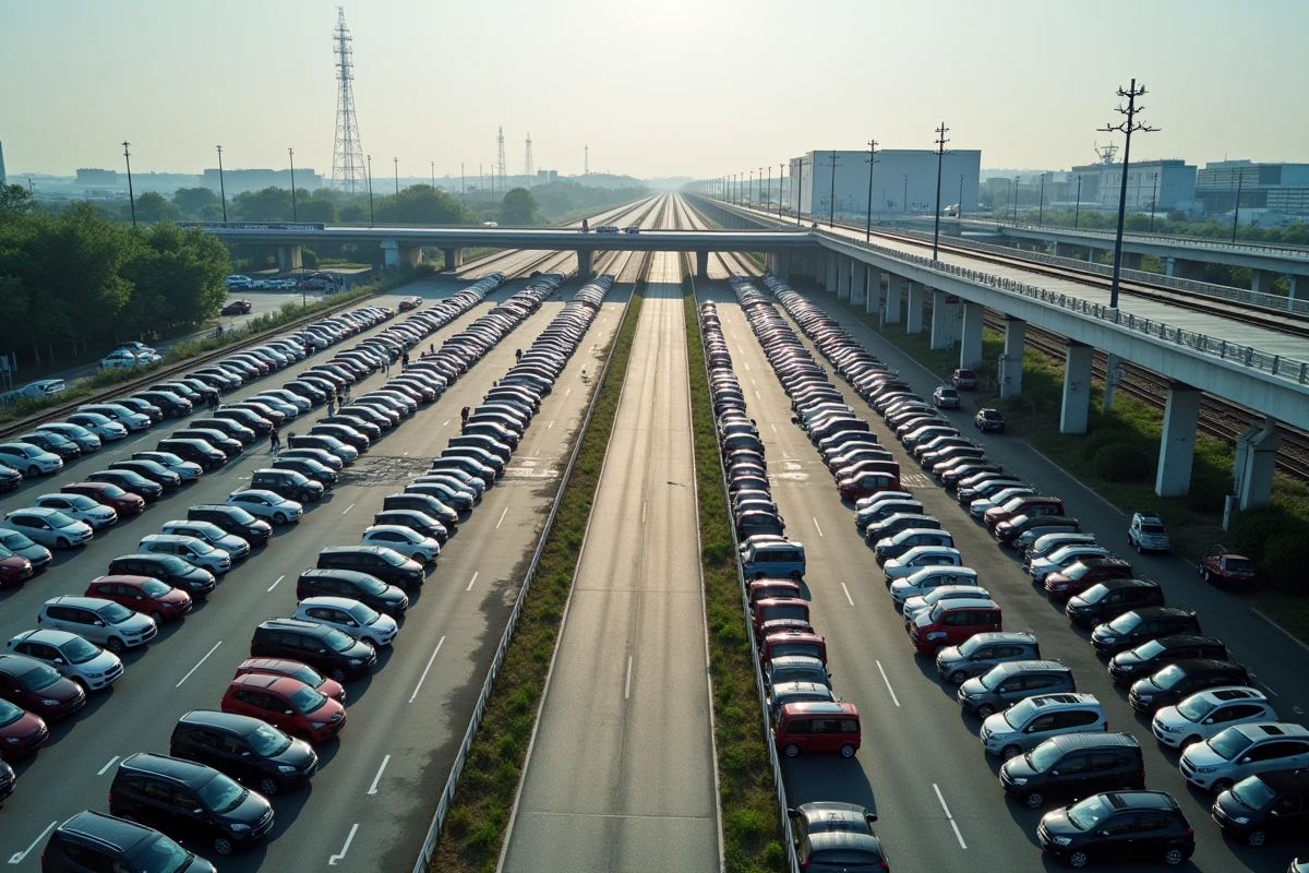 Vue aérienne du parking de la gare TGV de Valence avec voies ferrées et stationnement organisé