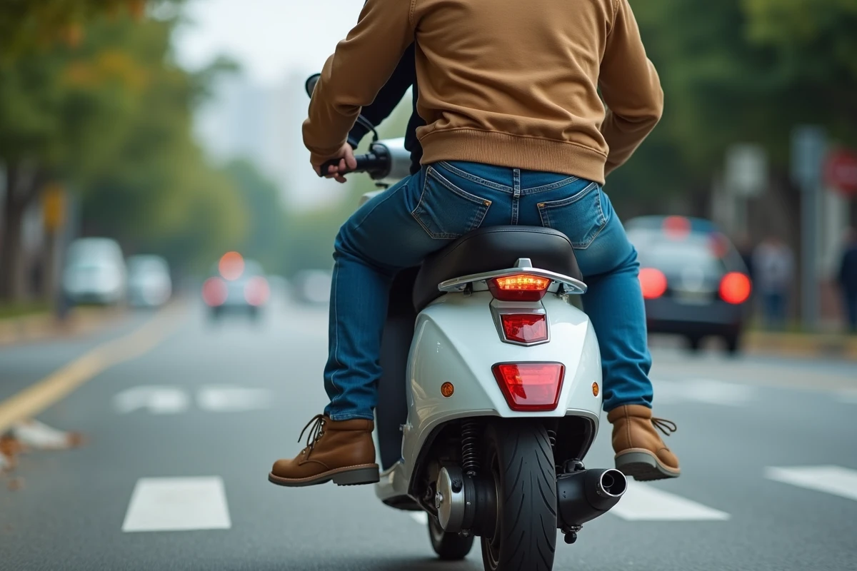 Derriere deux adultes en jeans sur un scooter en ville