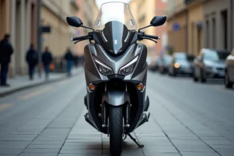 Yamaha TMAX 750 en excellent état garé en ville, vue trois-quarts avant mettant en valeur la carrosserie métallique gris foncé