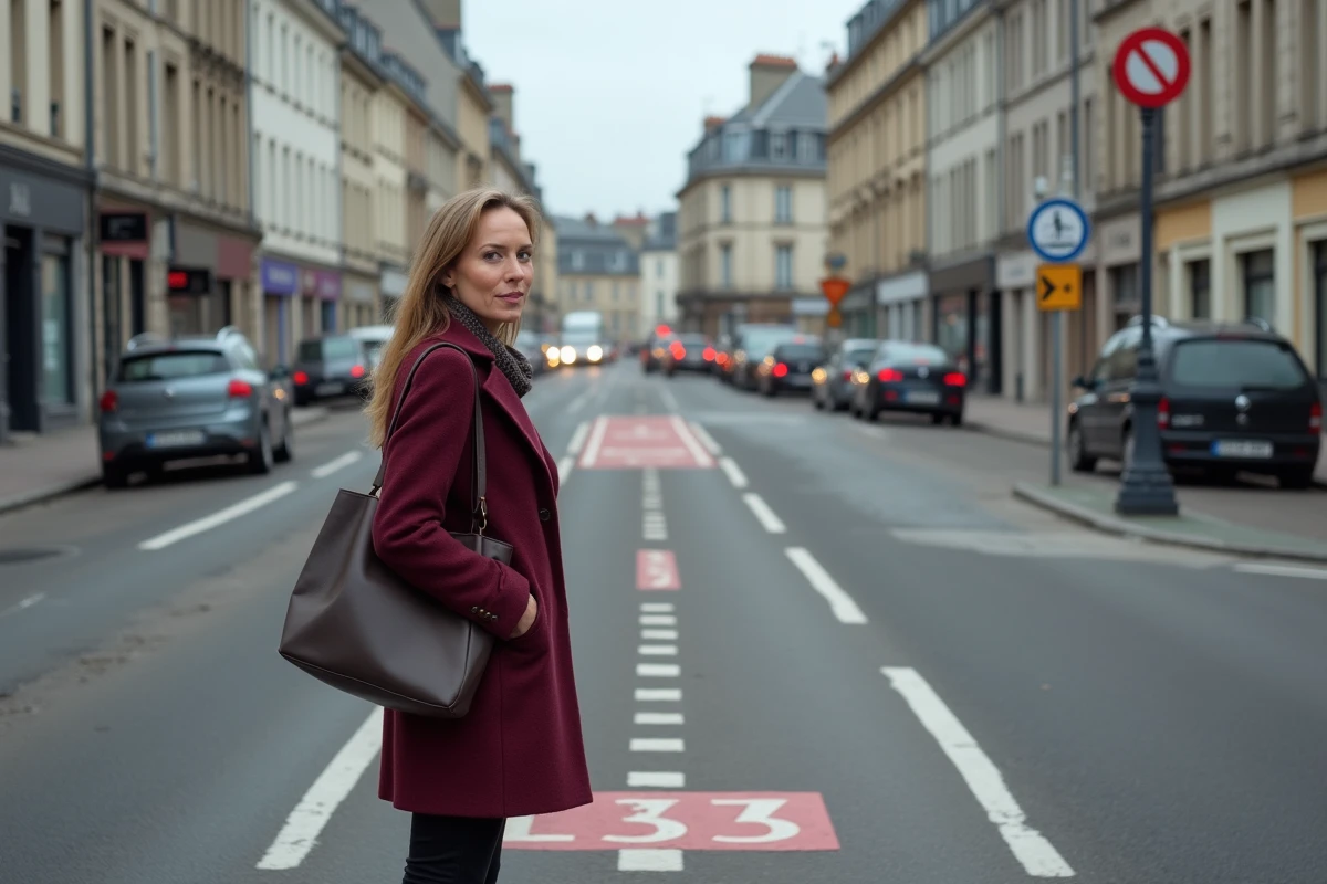 Femme en manteau bordeaux devant la signalisation d'une zone à faibles émissions à Rennes avec circulation en arrière-plan
